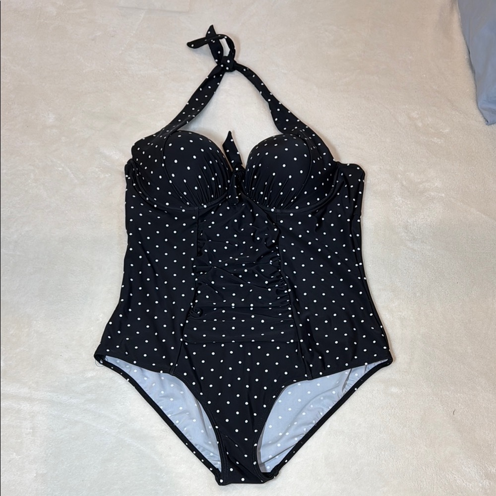 Love My Curves polkadot halter one piece swimsuit in black and white. Size 20.